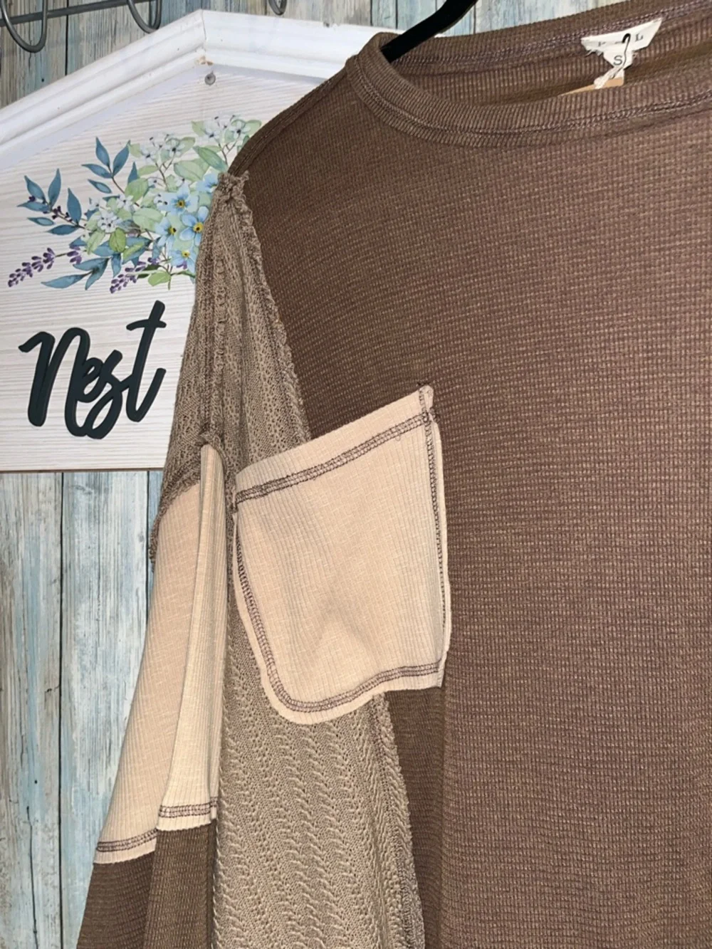 POL Small Casual Brown Knit Top with Patch Pocket- Brown & Cream